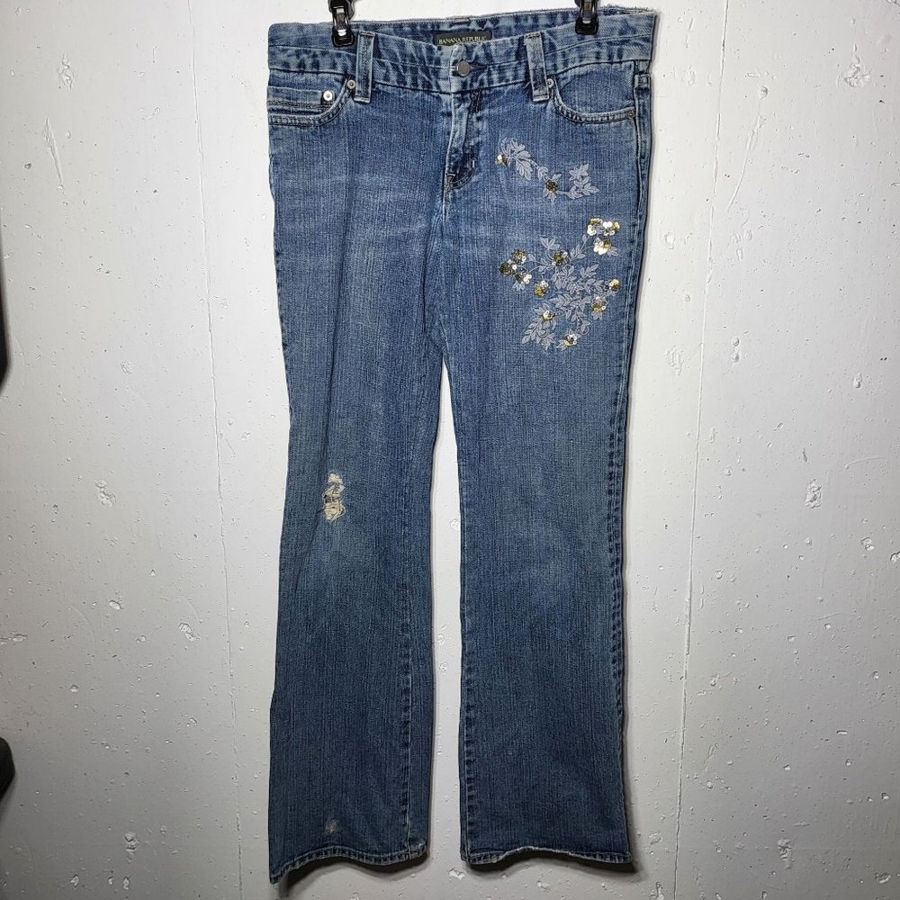 Banana Republic Womens Sequin Beaded Floral Embroidered Denim Blue Jeans Size 10